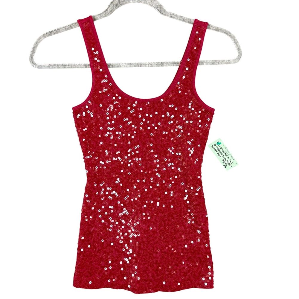 90’s Y2K Express Red Sequin Tank Top Ribbed Knit Whimsi Women’s Sz XS Party Top
